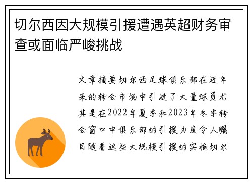 切尔西因大规模引援遭遇英超财务审查或面临严峻挑战 切尔西因大规模引援遭遇英超财务审查或面临严峻挑战